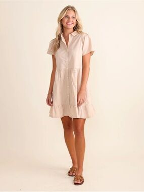 Le Marais Rosemary Dress 100% Cotton Beige Button Front Tiered Dress